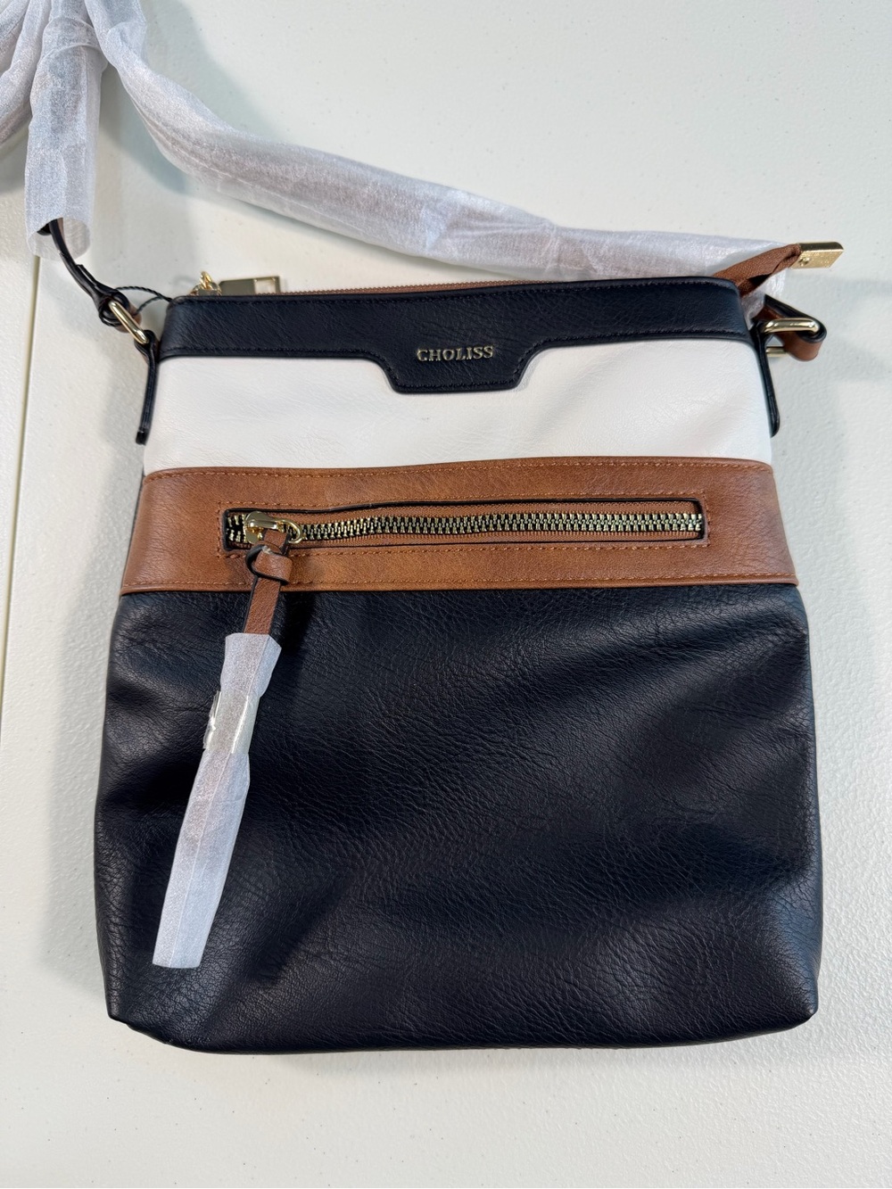 NWT CHOLISS Colorblock Crossbody Bag Black White Brown Gold Hardware